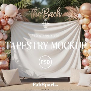 May include: A mockup scene with a white tapestry backdrop, decorated with pink and gold balloons. The text "The Bach" is above the tapestry, with "TAPESTRY MOCKUP" in large letters below. Pillows and decorative elements complete the scene.
