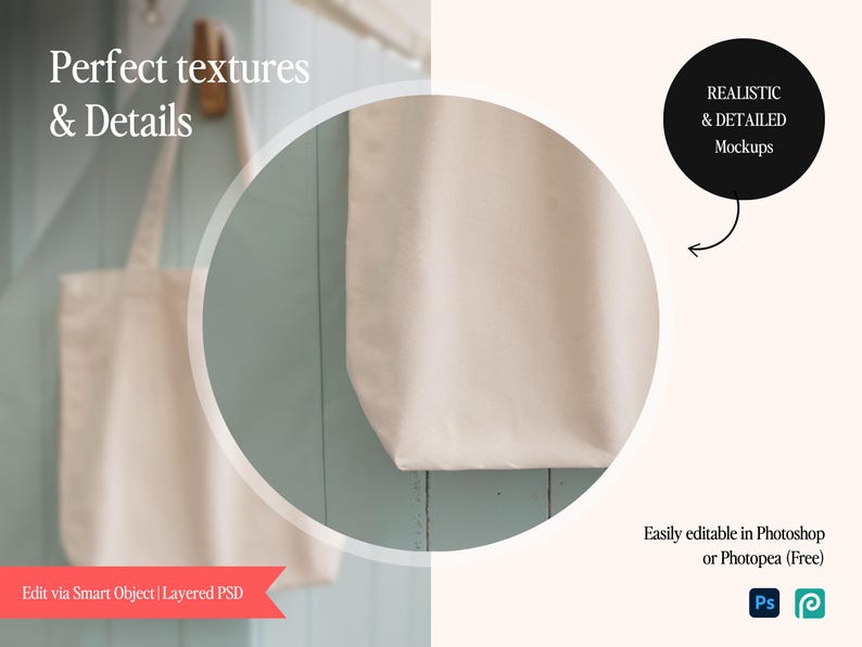 Pode incluir: Duas sacolas off-white penduradas em uma parede azul clara. As sacolas s&atilde;o feitas de um tecido texturizado. A imagem inclui o texto "Perfect textures & Details" e "Realistic & Detailed Mockups".