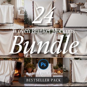 Peut inclure: Image composite de 24 maquettes de couvertures tissées. Les couvertures sont blanc cassé avec des bords à franges. Le texte superposé indique "24 Woven Blanket Mockups Bundle" et "BESTSELLER PACK". L'image comprend un logo "Ps", indiquant des fichiers PSD et PNG.