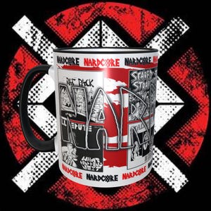 May include: White ceramic mug with a black handle. The mug features a collage of black and white comic book panels with the word "NARDCORE" printed in red across the top and bottom. The panels feature the words "Rat Pack", "Scared Straight", "What Happens Next", and "Ill Repute".