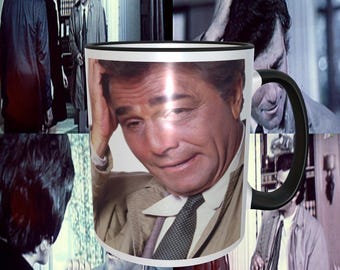 May include: A white coffee mug with a black rim and handle. The mug features a color image of a man with a worried expression, wearing a brown jacket and a patterned tie. The man is holding his head in his hand.