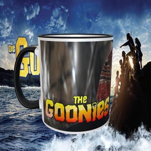 Goonies Version #2, 11oz Dishwasher Safe Coffee Mug, Black Inside, Black Handle