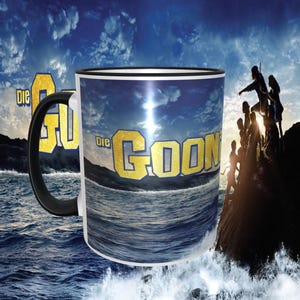 Goonies Version #1, 11oz Dishwasher Safe Coffee Mug, Black Inside, Black Handle