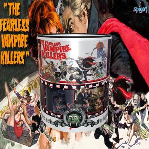 May include: A white ceramic mug with a black rim. The mug features a black and white image of a film reel with scenes from the movie "The Fearless Vampire Killers". The text "Metro-Goldwyn-Mayer" is visible on the mug.