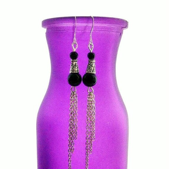 Long Black Earrings. Edwardian Inspired. Onyx & Chain. Etsy