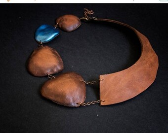50% OFF SALE Leather collar necklace Elegant copper and blue color Jewelry Pendant Statement Wide asymmetric collar