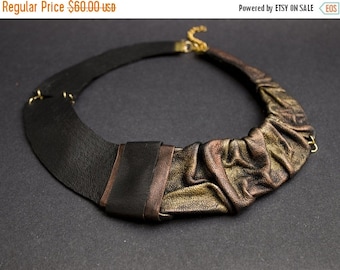 50% OFF SALE Elegant Leather necklace Bib necklace Collar. Copper and gold color Statement jewelry