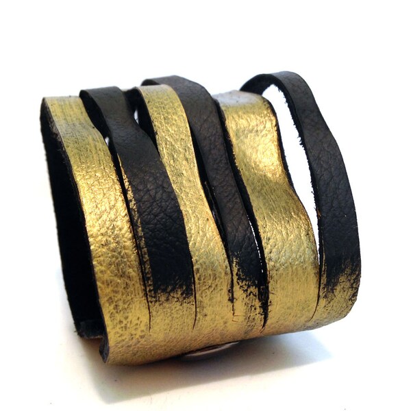 Black and gold Leather multi strand  bracelet Cuff Wristband  Leather jewelry "A splash of color" collection