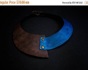 50% OFF SALE Leather collar necklace Elegant copper and blue color Jewelry Pendant Statement Wide asymmetric collar
