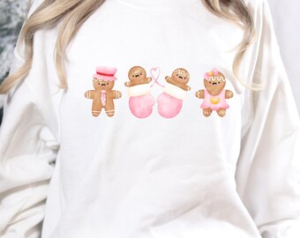 Peperkoek vakantie sweatshirt met ronde hals, roze coquette-strik, gezellige feestelijke kleding, schattige roze peperkoek familietrui voor haar
