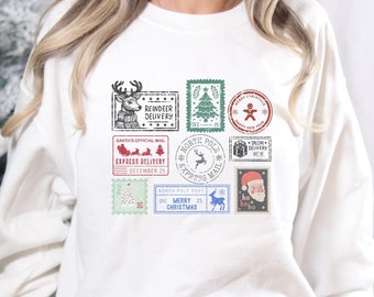 Kerstpostzegels sweatshirts voor vrouwen, vintage postzegels, cadeau voor haar, cadeau voor verzamelaar, postbode, vakantietrui, retro kerst