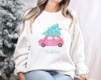Roze auto kerstboom trui, speelse en gezellige feestelijke kleding, vakantie truien voor vrouwen, grillige flirt esthetiek, cadeau voor haar