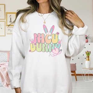 NICU Nurse Bunny Sweatshirt, Pastel Easter Bunny Ears, Cute Nurse Gift, Cozy Medical Worker Jumper, Soft Nurse Appreciation Pullover