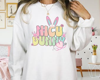 Sweatshirt NICU verpleegster konijntje, pastel paashaas oren, schattig cadeau verpleegkundige, gezellige medisch werker trui, zachte trui verpleegkundige waardering