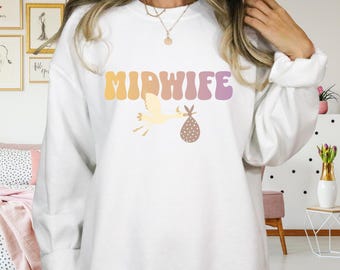 Verloskundige ooievaar grafische sweater met ronde hals - cadeau voor verpleegkundige babybezorger