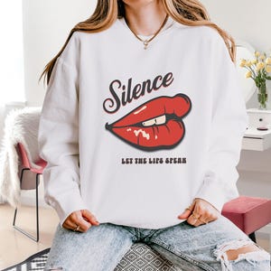 Silence Juicy Red Lips Sweatshirt, Graphic Crewneck Jumper, Cool Lip Design Pullover, Sugar Lips, Trendy Minimalist Top, y2k aesthetic