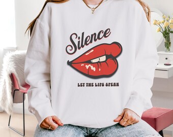 Silence Juicy Red Lips-sweater, grafische trui met ronde hals, Cool Lip Design-trui, Sugar Lips, trendy minimalistische top, y2k-esthetiek