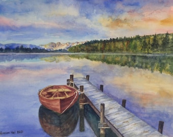 Opera d'arte raffigurante una barca sul lago / Decorazione murale nautica / Decorazione per case sul lago / Pittura ad acquerello / Arte costiera / Arte acquatica tranquilla / Opera d'arte panoramica.