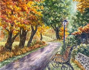 Bank im Park Aquarell Malerei | Handgemachte Originalkunstwerk| Parkbank Kunstwerk | Natur Wanddekor | Ungerahmt