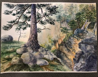 Pine Tree Watercolor Art| Woodland Wall Decor| Nature Inspired Painting | Cabin Chic Painting| Farmhouse Chic Decor| Vintage Forest Painting
