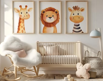 Safari Poster Set Kinderzimmer | Giraffe Löwe Zebra 3er-Set | Wandbilder Babyzimmer | Deko Tiere | Geschenk zur Geburt