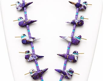 Purple Dahlia Hummingbird Necklace, Hand Carved Bird Fetish Necklace, Southwest Statement Jewelry, Unique Artisan Necklace, Bird Lover Gift