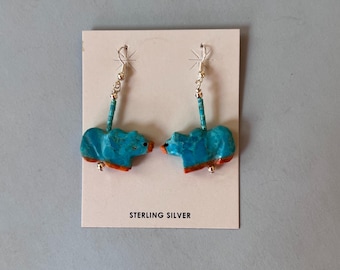 Hand-carved Bear Coral and Turquoise Fetish Earrings - Matt Mitchell