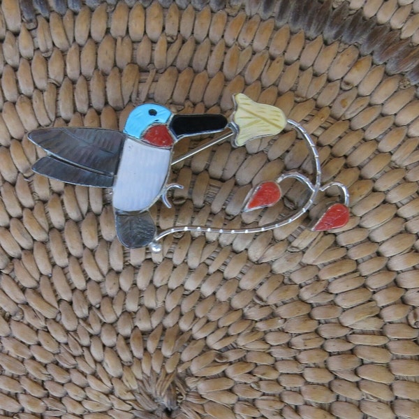 Zuni inlay hummingbird pin pendant, Andrea Lonjose, bird pin, Native American jewelry, Zuni, channel inlay jewelry-NEW LOWER PRICE!