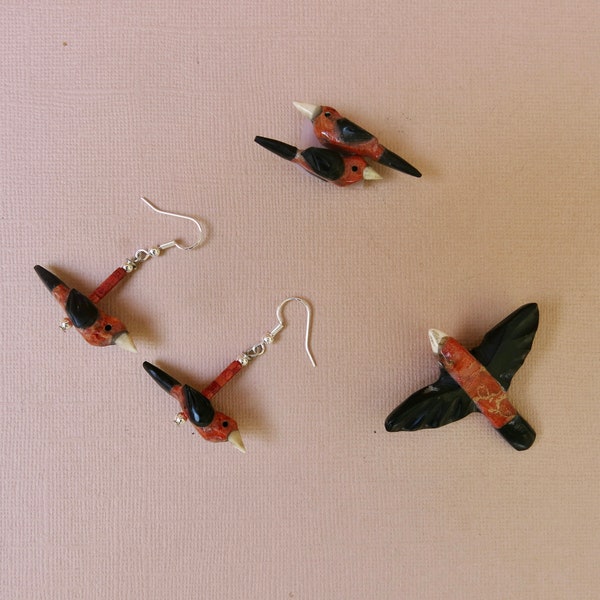 Scarlet tanager fetish beads, scarlet tanager earrings, hand carved bird bead, fetish bird, fetish bird bead, bird