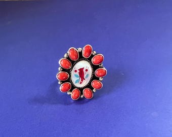 Vintage Zuni Cardinal Inlay Ring: Sterling Silver Coral Ring by Linda Yazzie, Size 7-8