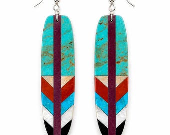 Turquoise Inlay Feather Earrings Sterling Silver, Southwest Dangle Earrings, Native Style Jewelry, Long Earrings, Gift for Her