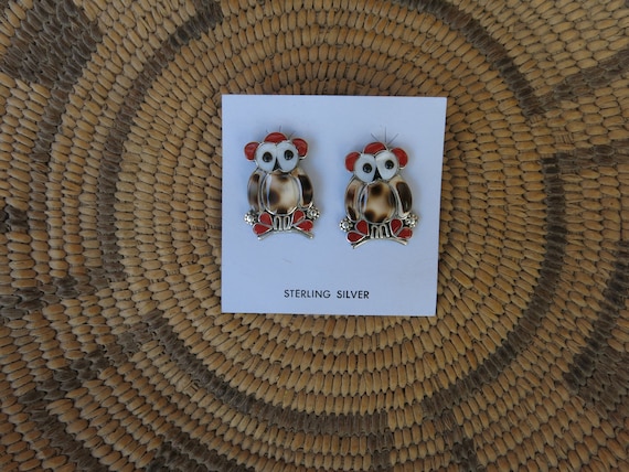 Zuni inlay owl earrings, Zuni inlay jewelry, owl j