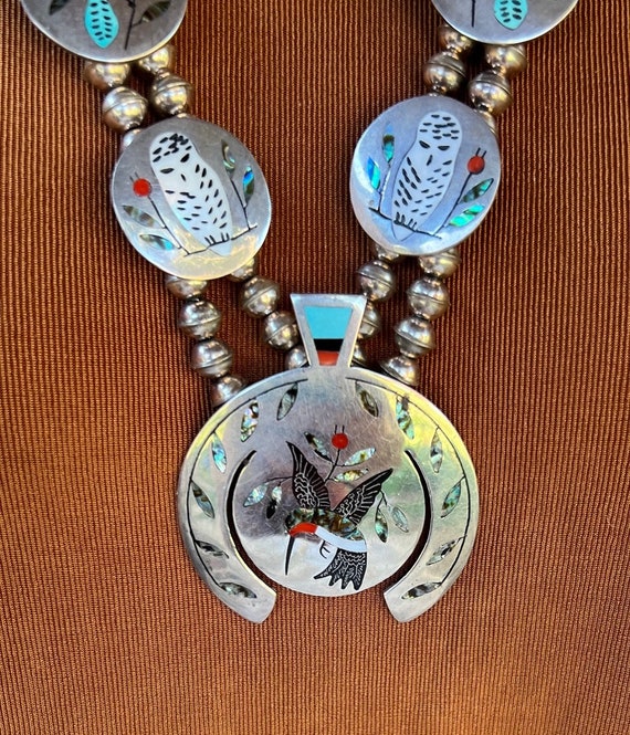 Remarkable Vintage Zuni Bird Necklace and Earrings Se… Gem