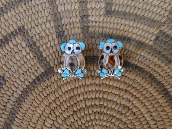 Zuni inlay owl earrings, Zuni inlay jewelry, owl j