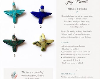 Hand Carved Jay Fetish Beads, Mixed Stones, Bird Carving, Zuni Style, Jewelry Making Supply, Southwest Bead
