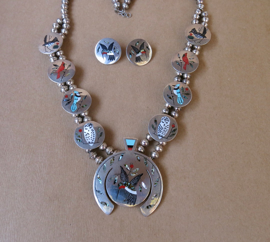Remarkable Vintage Zuni Bird Necklace and Earrings Set, D Edaakie, Zuni