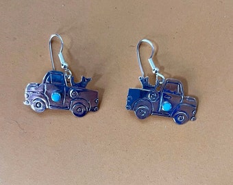 Sterling Silver and Turquoise Pickup with Dog Earrings. Native American Jewelry, Lucille Platero