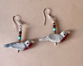 Hand Carved Picasso Marble Robin Bird Earrings: Apple Coral, Turquoise Accents