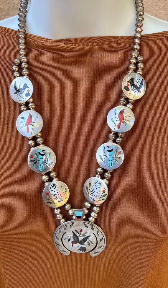 Remarkable Vintage Zuni Bird Necklace and Earrings Se… Gem