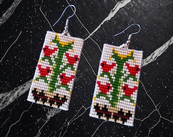 Zuni beaded tree of life with cardinals earrings, Zuni beadwork, Native American Jewelry