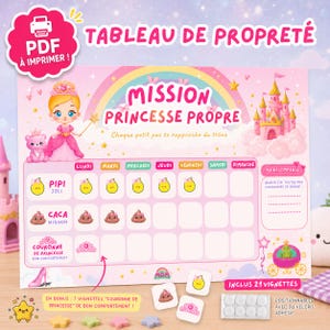 Puede incluir: Una tabla de recompensas rosa para el entrenamiento de ir al baño titulada Mission Princesse Propre con ilustraciones de arcoíris, castillo y princesa. Incluye una cuadrícula semanal para registrar hábitos con iconos de gotas, heces y pegatinas de coronas.