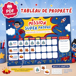 Peut inclure: Un tableau de propreté sur le thème des super-héros avec le texte "TABLEAU DE PROPRETE" et "MISSION SUPER PROPRE". Il comprend des colonnes pour les jours de la semaine, des lignes pour "PIPI HEROS", "CACA CHAMPION", "ETOILE SUPERHEROS" et 21 vignettes.