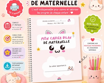 Puede incluir: Un cuaderno de espiral titulado MON CAHIER BILAN DE MATERNELLE con una cubierta rosa claro que presenta una ilustración de cara de gato. La cubierta incluye campos para el año escolar, nivel y nombre. Rodeado de iconos y textos.