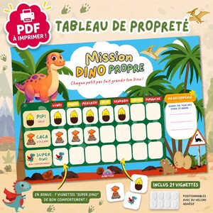 Peut inclure: Un tableau de propreté imprimable sur le thème des dinosaures intitulé Mission DINO PROPRE avec une grille pour les jours de la semaine. Il présente un dinosaure orange, des palmiers et des icônes d'œufs, volcans et super dinos. Inclut 21 vignettes.