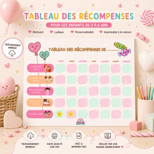 Könnte beinhalten: Ein Belohnungsplan mit der Überschrift TABLEAU DES RÉCOMPENSES und einem Wochenraster mit französischen Wochentagen. Das Diagramm enthält Zeilen für Aufgaben wie Spielzeug aufräumen und Zähneputzen, verziert mit pastellfarbenen Herzen und Bonbons.