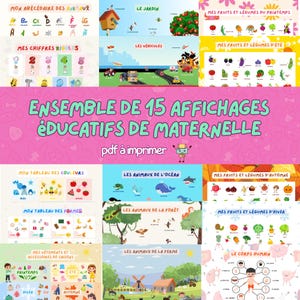 Peut inclure: Un ensemble de 15 affichages éducatifs de maternelle présentant des illustrations colorées d'animaux, de fruits, de légumes, de véhicules, de couleurs, de formes, de saisons et du corps humain avec le texte ENSEMBLE DE 15 AFFICHAGES ÉDUCATIFS DE MATERNELLE.