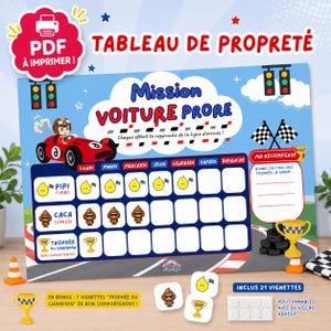 Peut inclure: Un tableau de propreté bleu intitulé Mission Voiture Prore sur le thème de la course automobile. Il comprend une grille pour les jours de la semaine, des lignes pour Pipi Turbo, Caca Express et Trophée du Champion, avec 21 vignettes et des velcros.