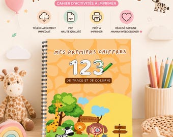 Può includere: Un libro di attività a spirale intitolato Mes Premiers Chiffres con un'illustrazione di una giraffa, una zebra, un leone e un bambino sulla copertina. La copertina mostra i numeri 123 con un'icona di matita verde e il testo Je trace et je colorie.