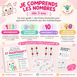 Puede incluir: Una guía educativa imprimible de matemáticas para niños a partir de 3 años, titulada JE COMPRENDS LES NOMBRES. Incluye fichas de actividades sobre conteo, composición numérica, complementos a 10 y resolución de problemas con ilustraciones de gatos y números.