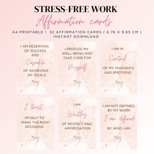 Tarjetas imprimibles de afirmación para un trabajo sin estrés, alivio del estrés, amor propio, mujeres trabajadoras, tarjetas de cuidado personal, aumento de la confianza, descarga instantánea en formato PDF